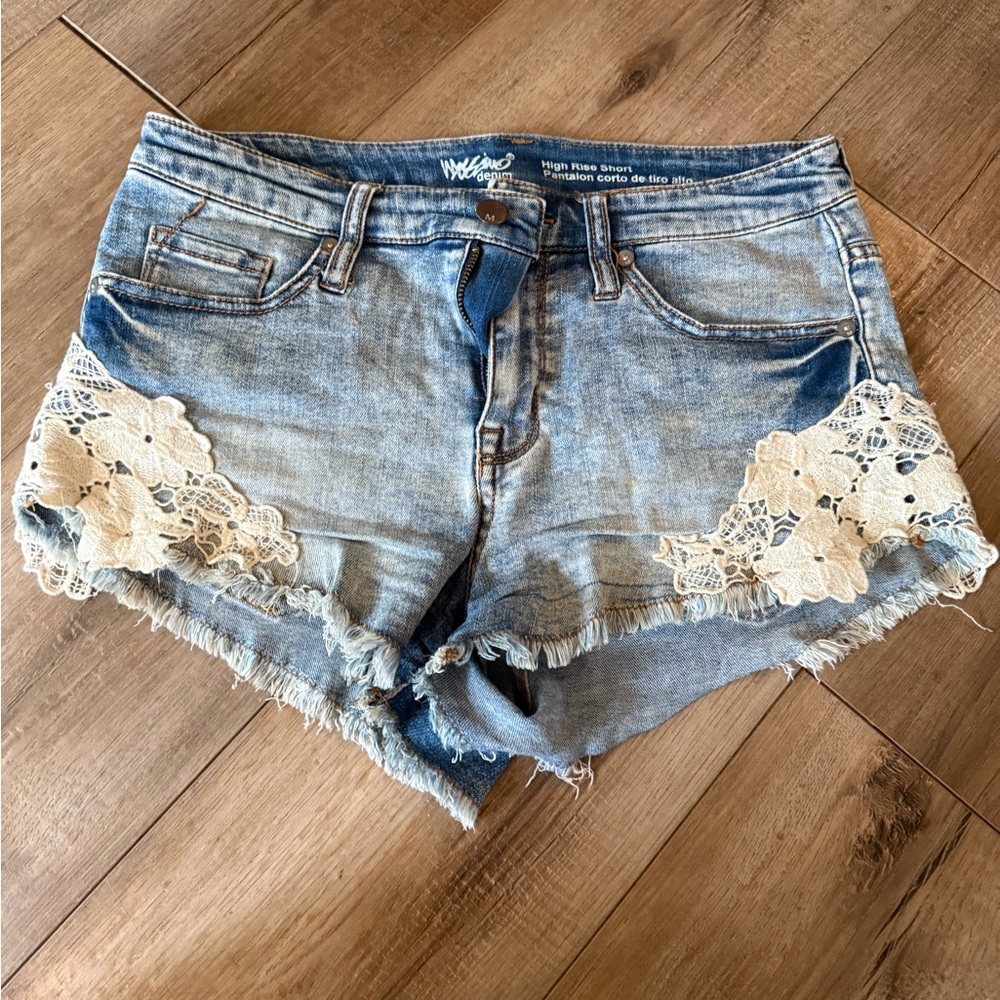 Women's Blue Denim Shorts with Lace Detail